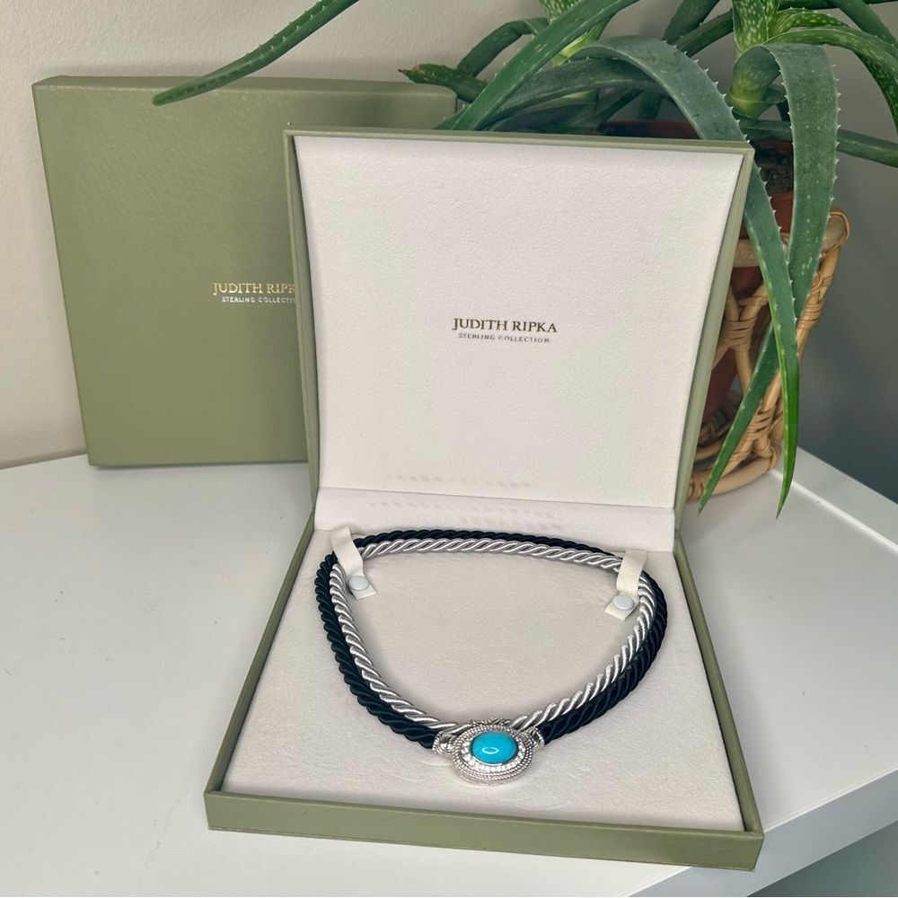 Judith Ripka Black and Silver Rope Necklace with Turquoise Center